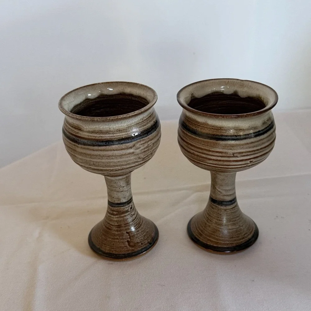 Studio Pottery Handmade Wine Goblet Earthy Muted Tones  Set Of 2 MCM Gift